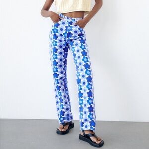 ZARA Blue Daisy Straight Leg Jeans Retro